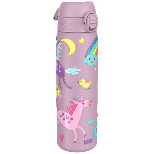 Pink water bottle adorned with colorful unicorns, clouds, rainbows, and stars featuring playful designs in a whimsical style suitable for children; text includes “ION8.”