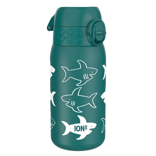 A teal water bottle featuring white shark illustrations and the text ION8 displayed in a simplistic style against a plain background.