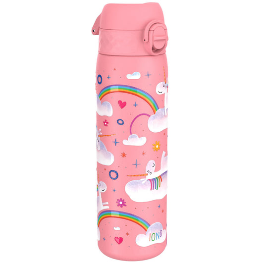 A pink water bottle features rainbow-colored unicorns on clouds surrounded by stars and hearts in a whimsical design. The text "ION8" is at the bottom.