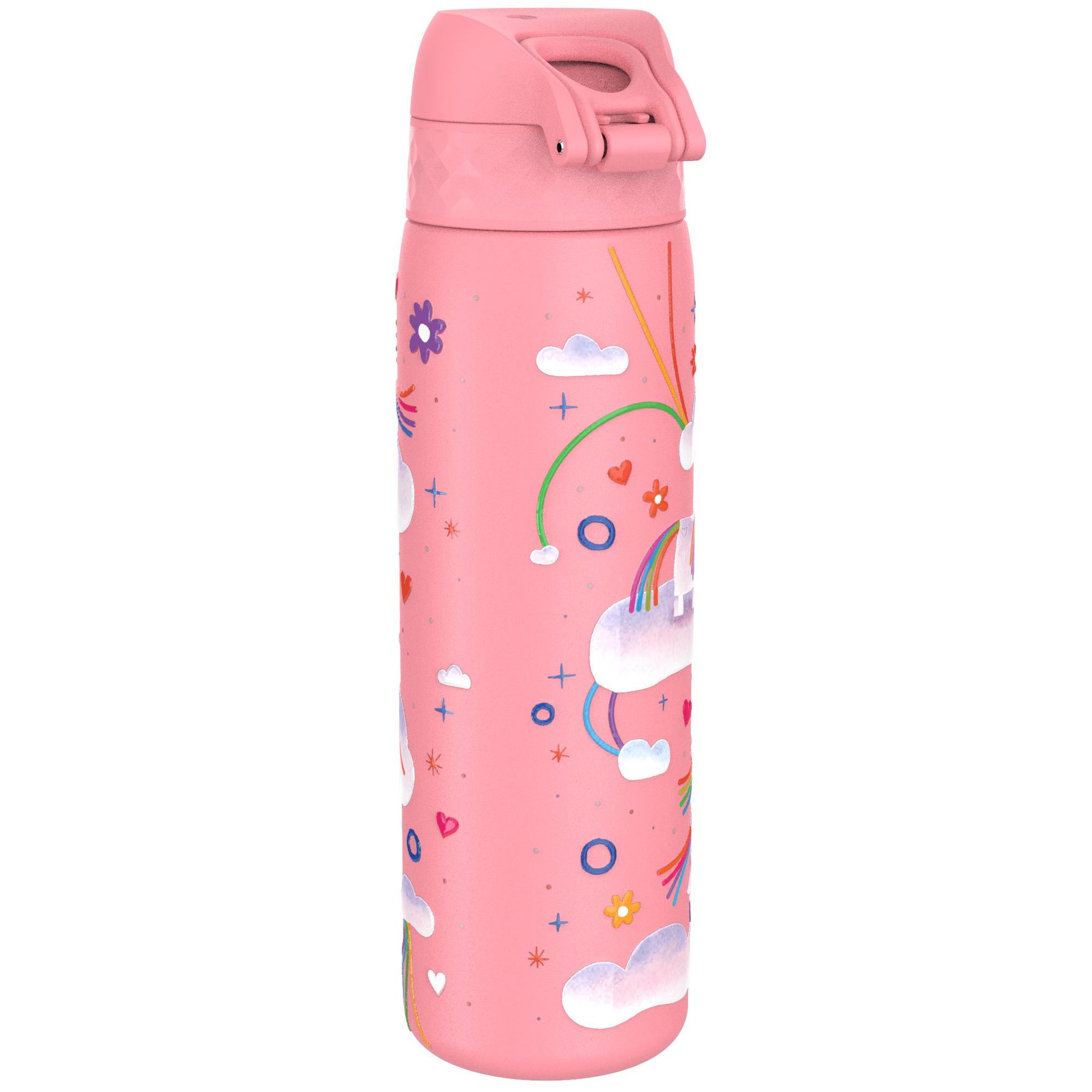 A pink thermos bottle decorated with colorful rainbows clouds and hearts positioned on a plain white background.
