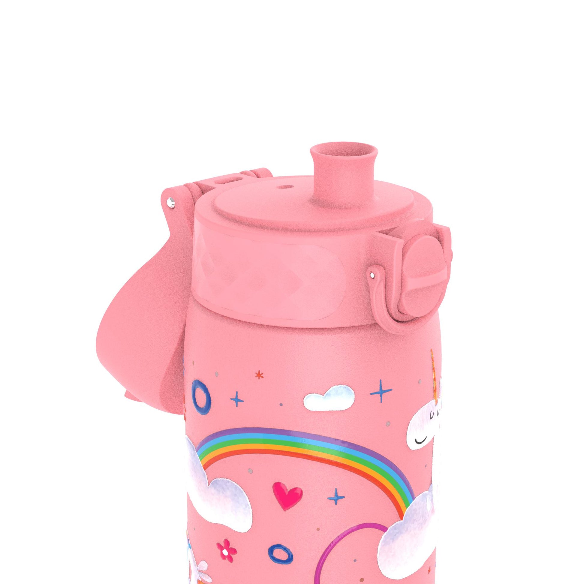 A pink water bottle decorated with clouds, rainbows, hearts, and stars sits against a white background.