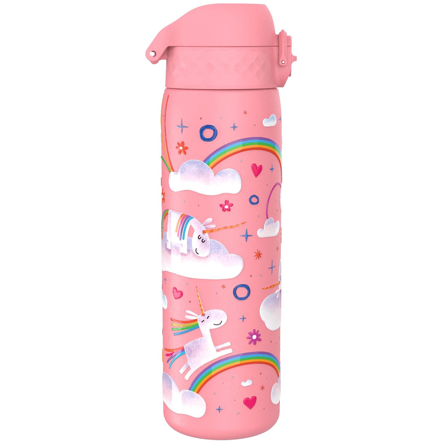 A pink thermos bottle features whimsical unicorns on clouds with rainbows, stars, and hearts in a playful pattern covering its surface.