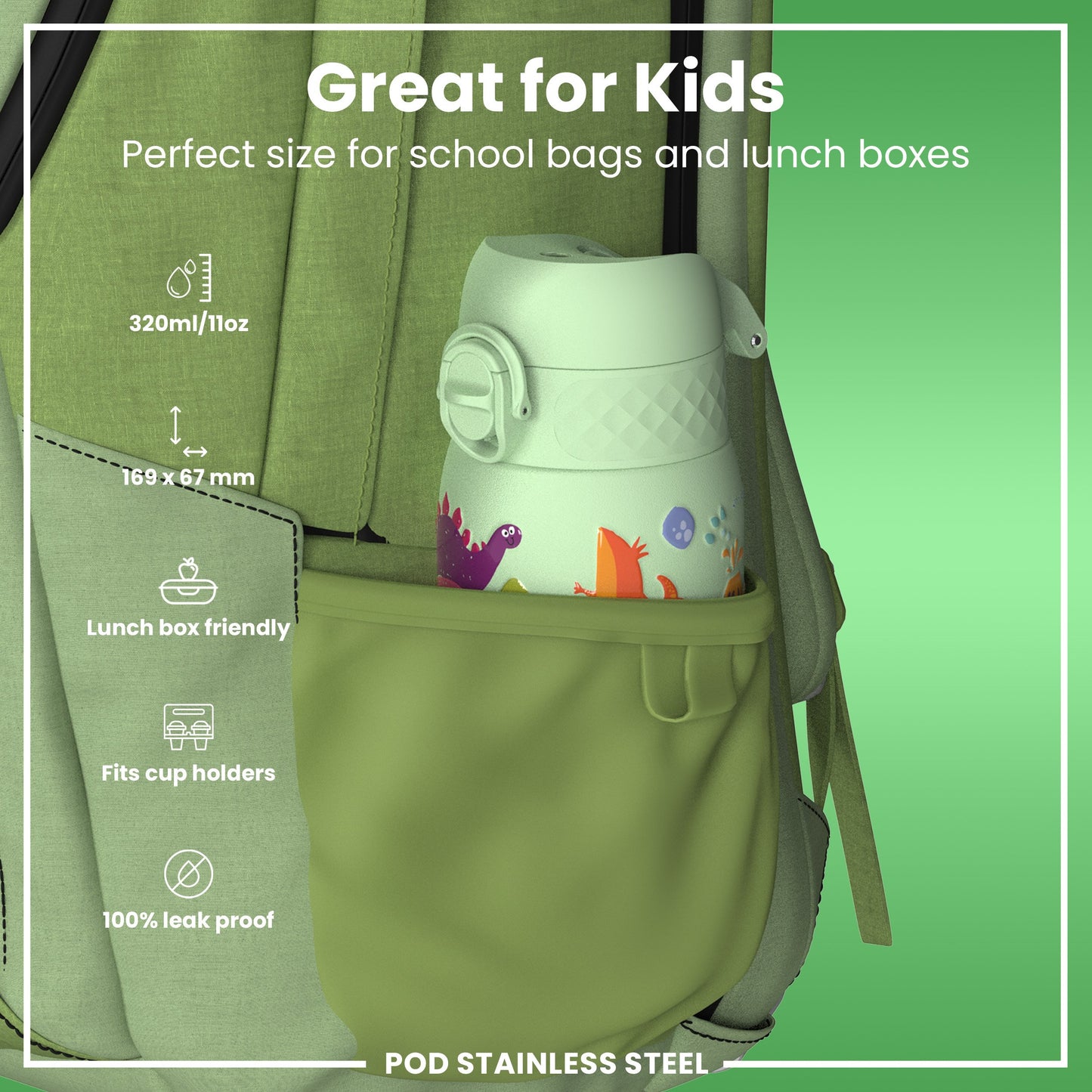 Leak Proof Thermal Steel Water Bottle, Insulated, Dinosaurs, 320ml (11oz)