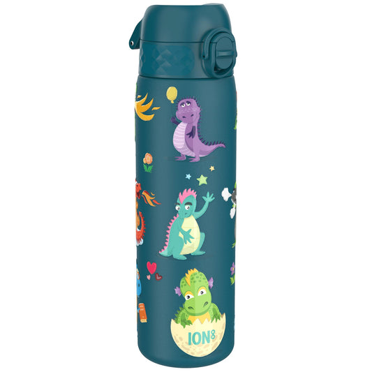 A teal water bottle decorated with cartoon dinosaurs in various colors and poses including one inside a cracked egg Text reads ION8