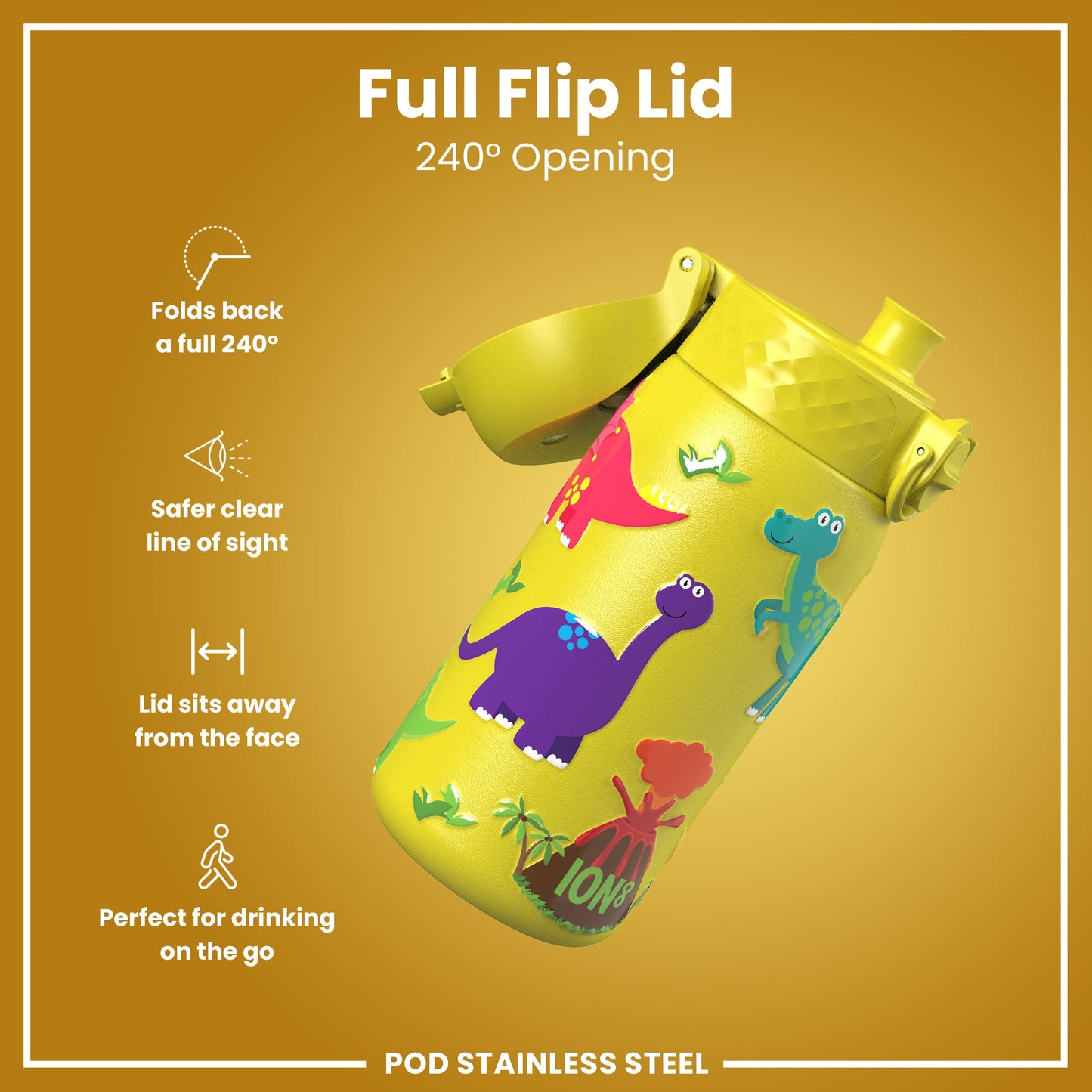 Leak Proof Kids Water Bottle, Stainless Steel, Dinosaurs, 400ml (13oz)