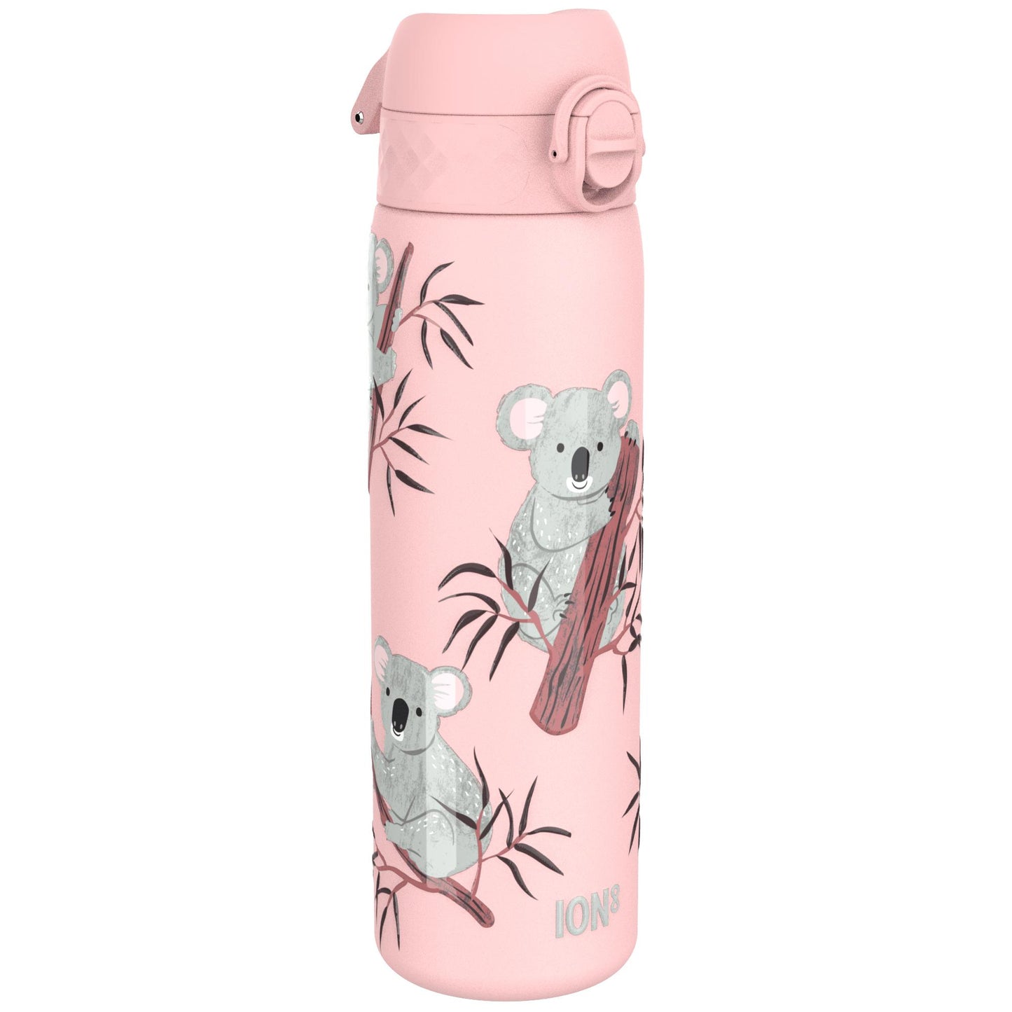 A pink water bottle adorned with illustrations of koalas clinging to eucalyptus branches Ion8 logo near the base in a simple style.