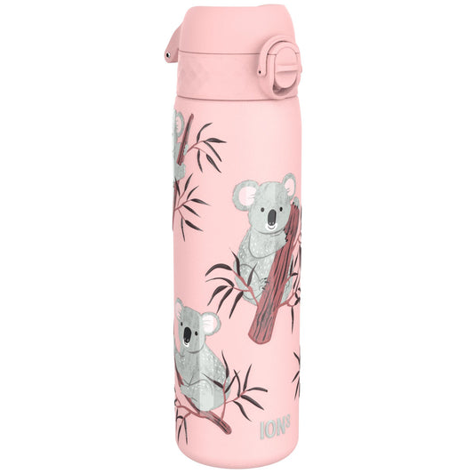 A pink water bottle adorned with illustrations of koalas clinging to eucalyptus branches Ion8 logo near the base in a simple style.