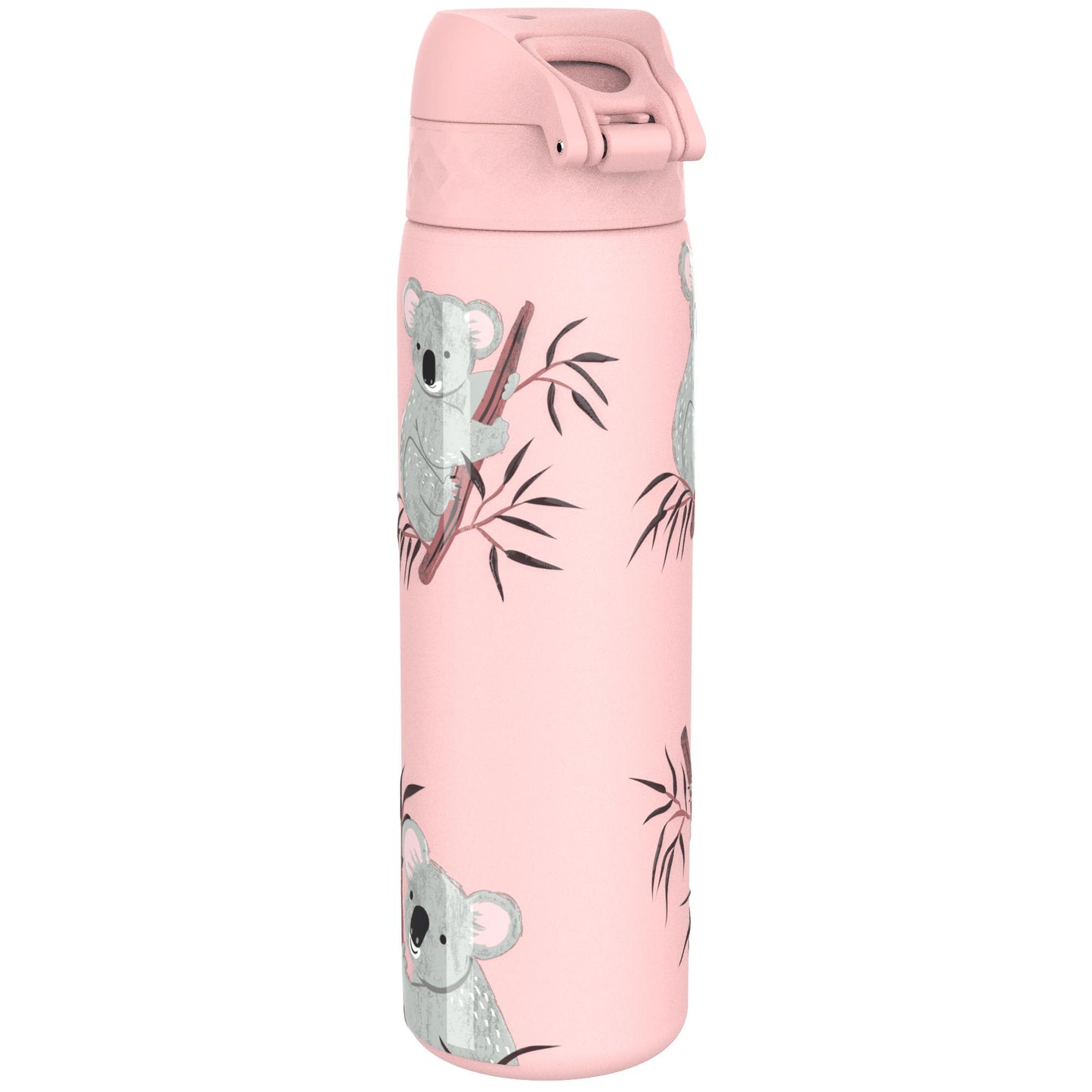 Pink water bottle featuring cartoon koalas and bamboo, standing upright with a flip-top lid, against a plain white background.