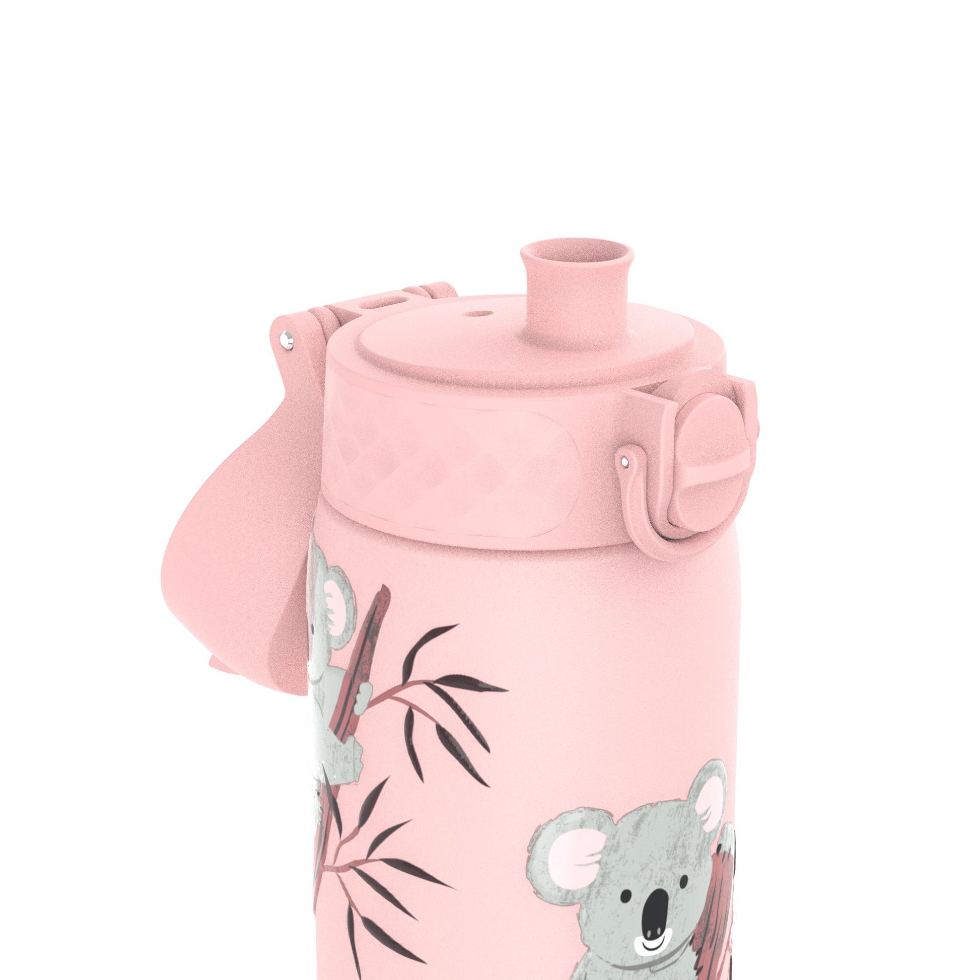 A pink water bottle featuring a flip-top lid with a cute koala bear design is positioned against a plain white background.