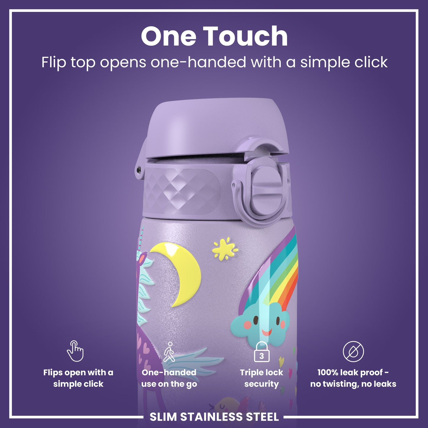 Leak Proof Slim Water Bottle, Stainless Steel, Purple Unicorns, 600ml (20oz)
