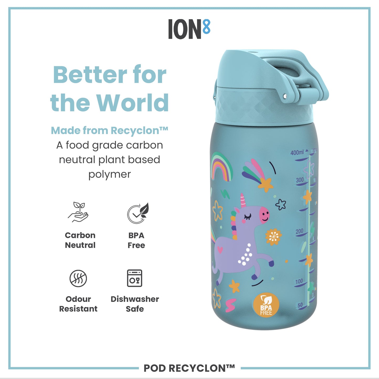 Leak Proof Kids Water Bottle, Recyclon, Blue Unicorns, 350ml (12oz)