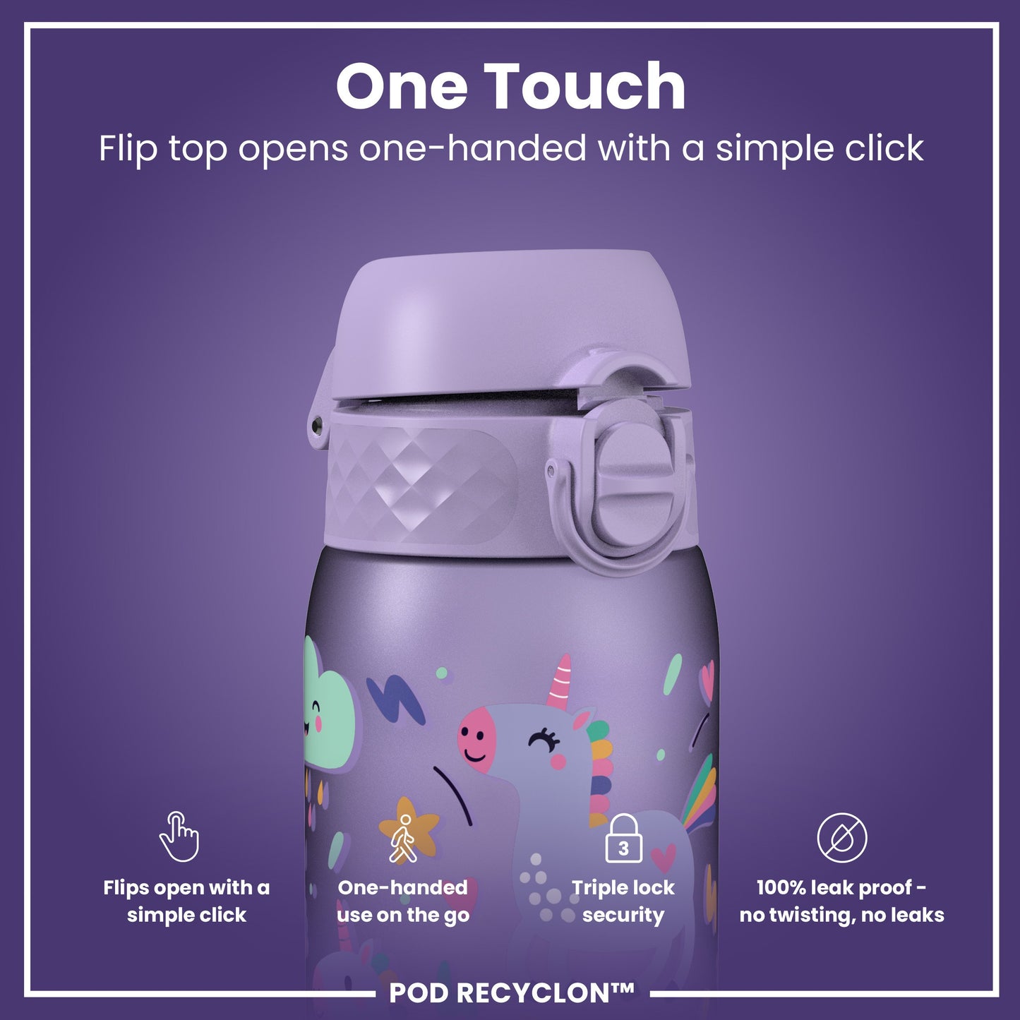 Leak Proof Kids Water Bottle, Recyclon, Purple Unicorns, 350ml (12oz)