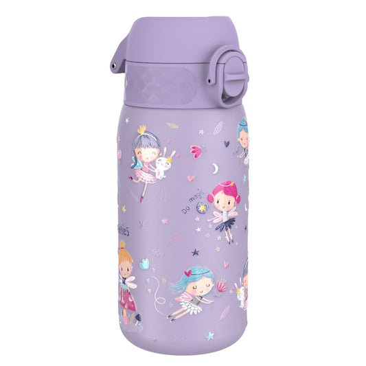 A lavender-colored water bottle, featuring illustrations of fairies and bunnies, sits against a white background. The bottle has a hinged purple lid. "Do magic" is written on the bottle.