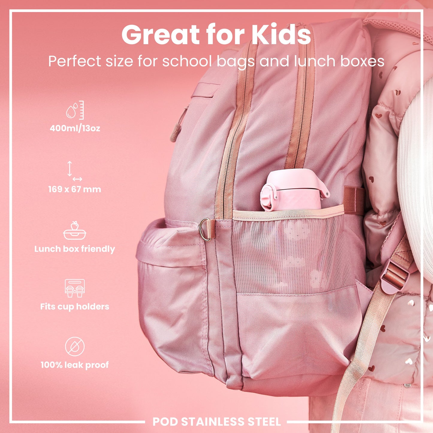 Leak Proof Kids Water Bottle, Stainless Steel, Rainbows, 400ml (13oz)