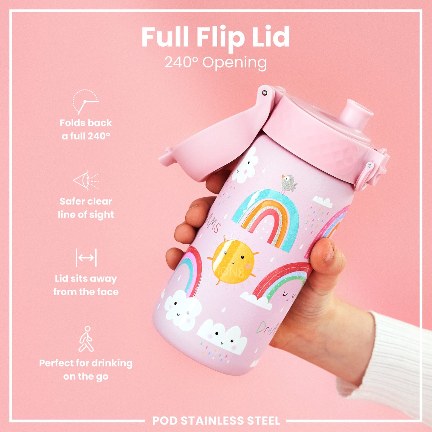 A pink stainless steel water bottle, featuring a rainbow design, is being held. Its full flip lid allows a 240° opening. The bottle is showcased against a pink background.