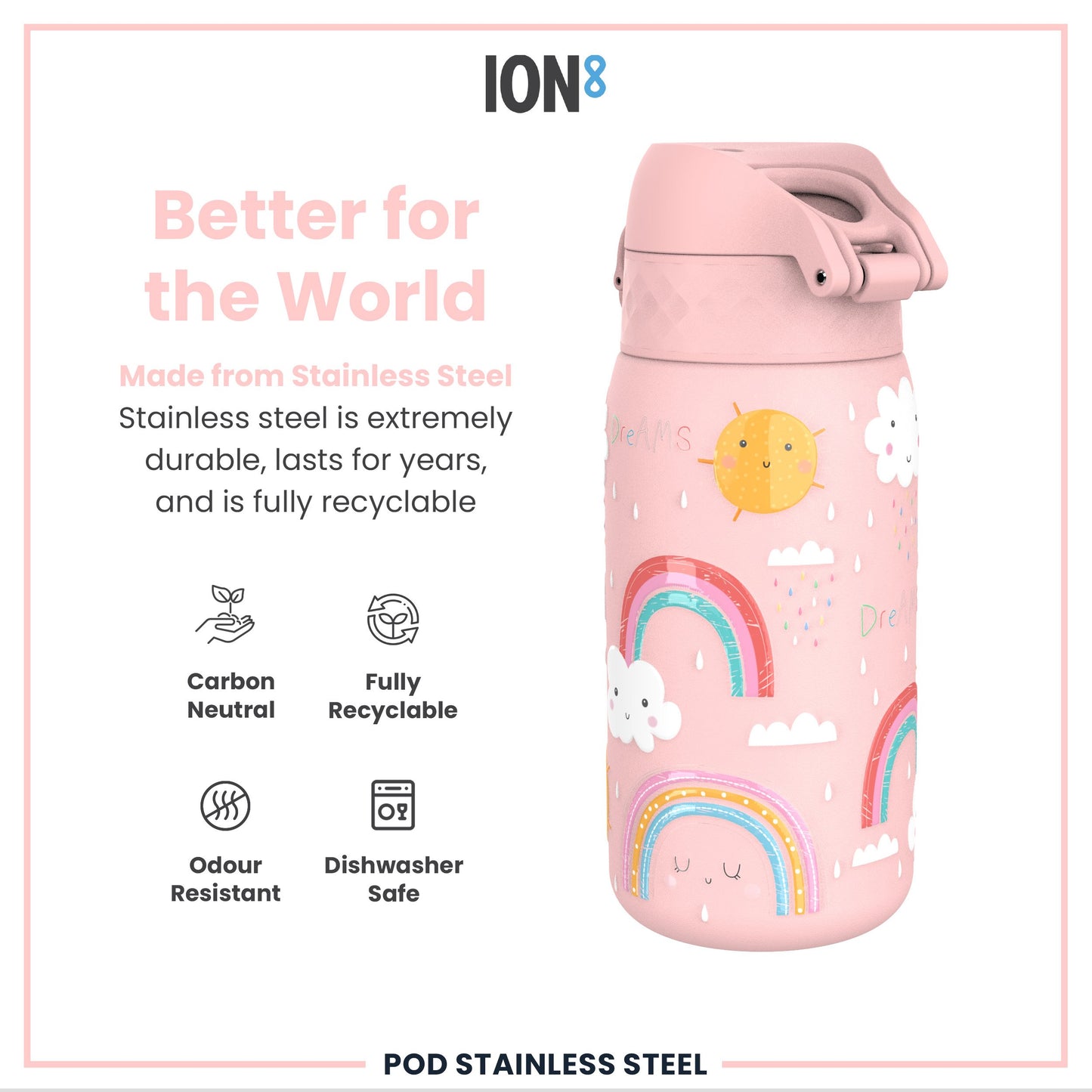 A pink stainless steel water bottle, decorated with rainbows and clouds, sits against a white background. The bottle is described as durable, recyclable, odour-resistant and dishwasher-safe. The text includes "Better for the World" and "ION8".