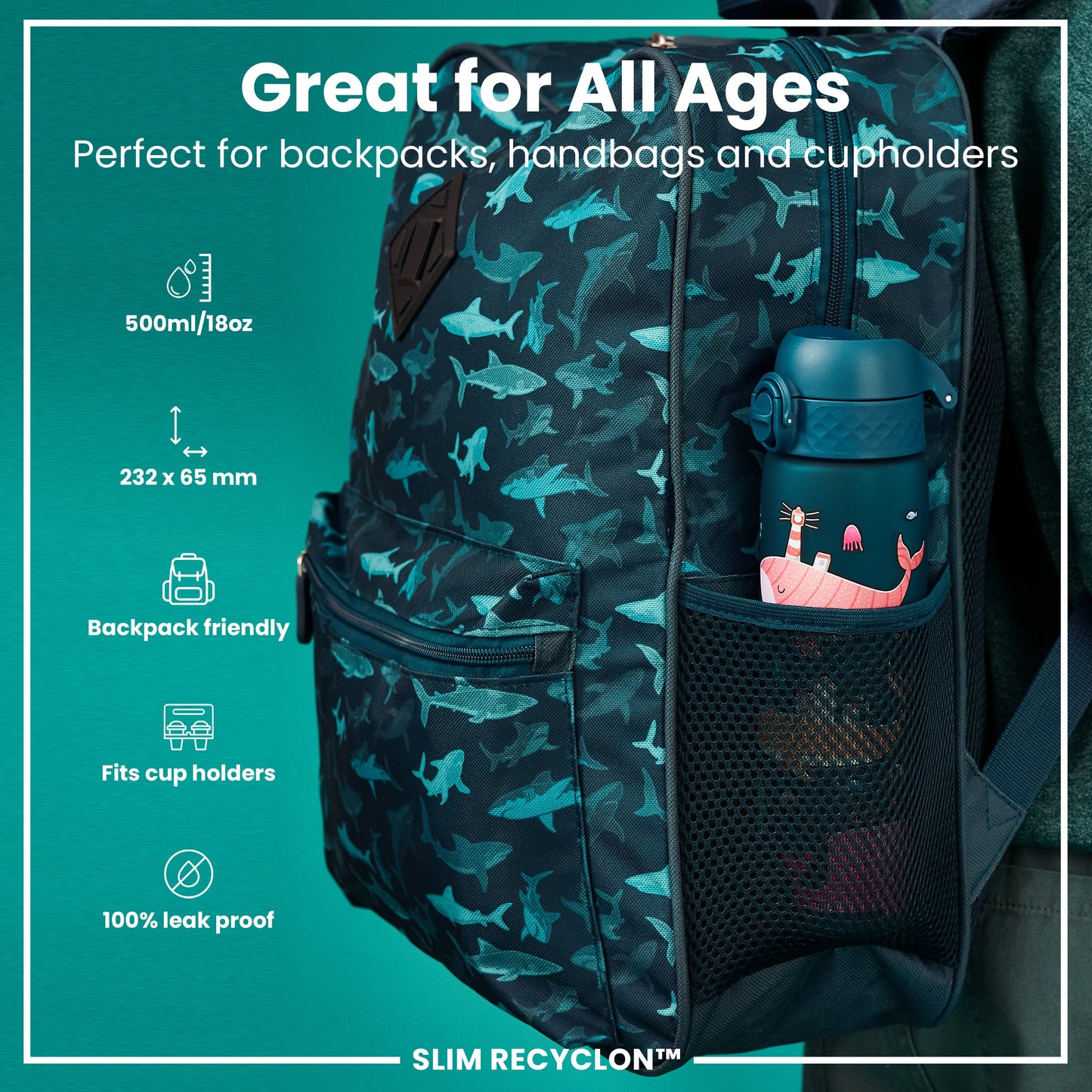 Leak Proof Slim Water Bottle, Recyclon, Whales, 500ml (18oz)