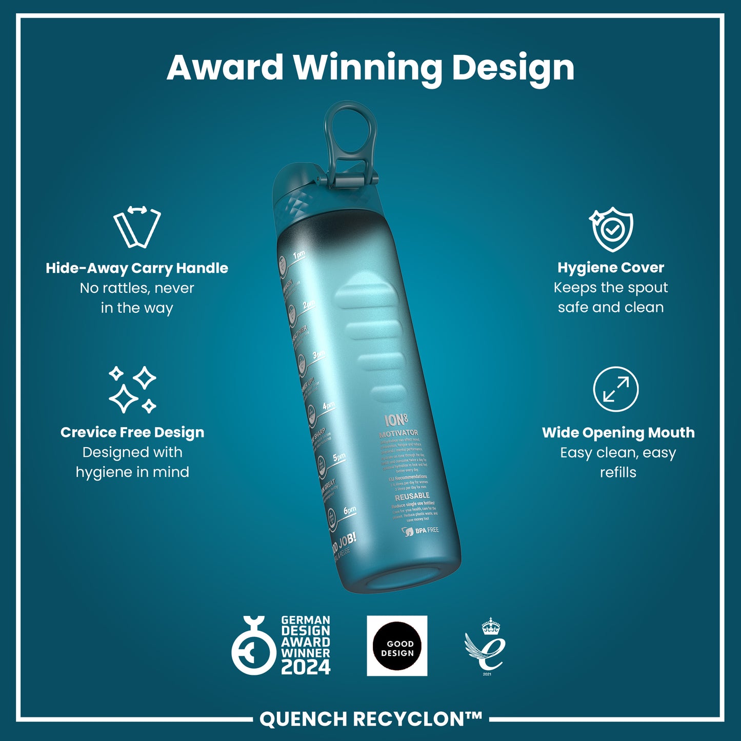 Leak Proof 1 Litre Water Bottle with Times to Drink, Recyclon, Teal & Blue, 1L