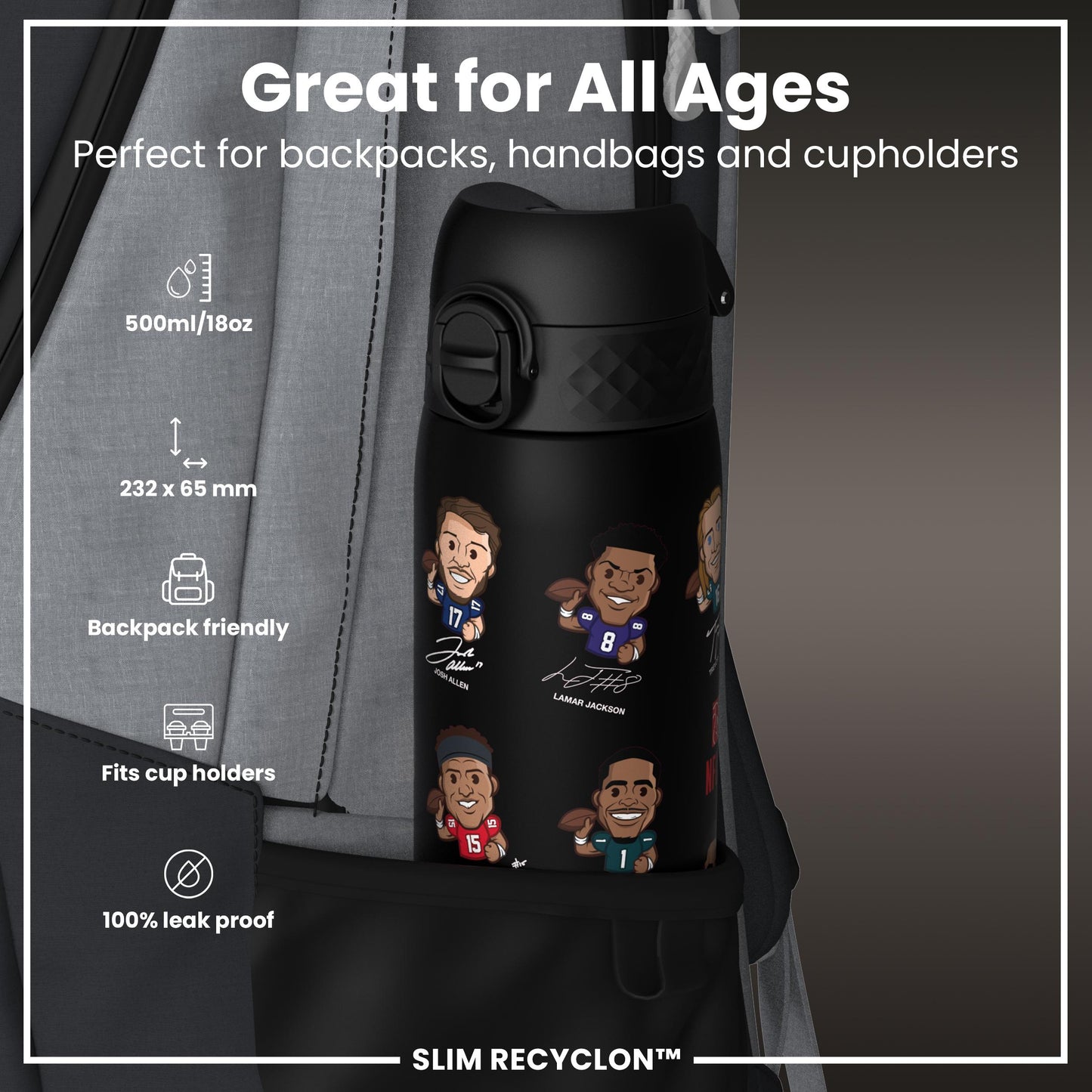 Leak Proof NFLPA Water Bottle, Recyclon, Quarterbacks, 500ml (18oz)