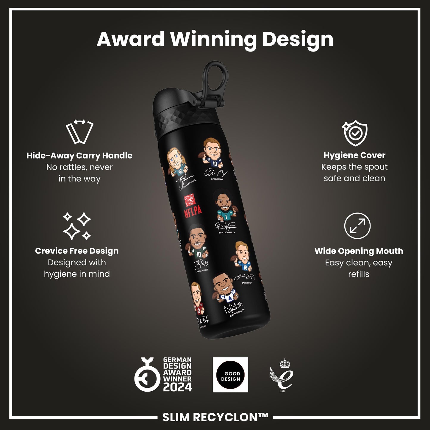 Leak Proof NFLPA Water Bottle, Recyclon, Quarterbacks, 500ml (18oz)