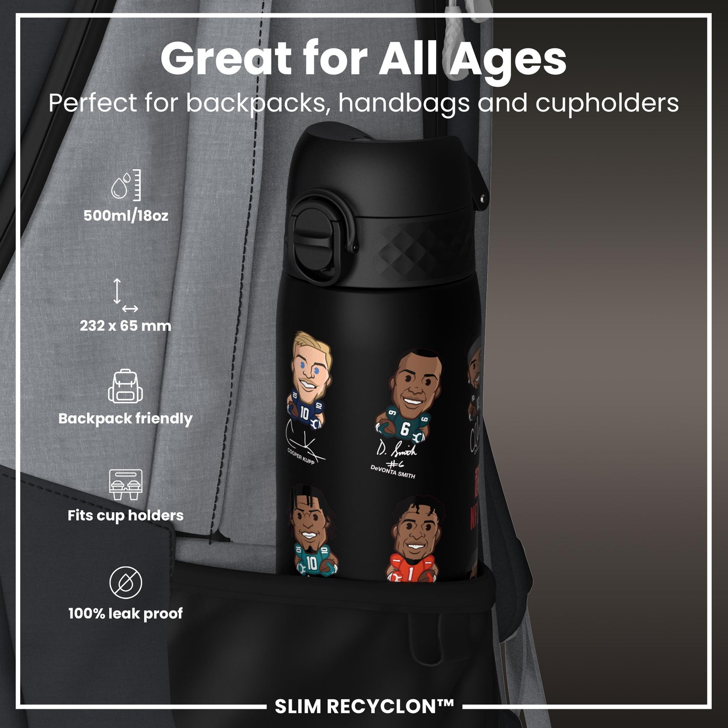 Leak Proof NFLPA Water Bottle, Recyclon, Wide Receivers, 500ml (18oz)