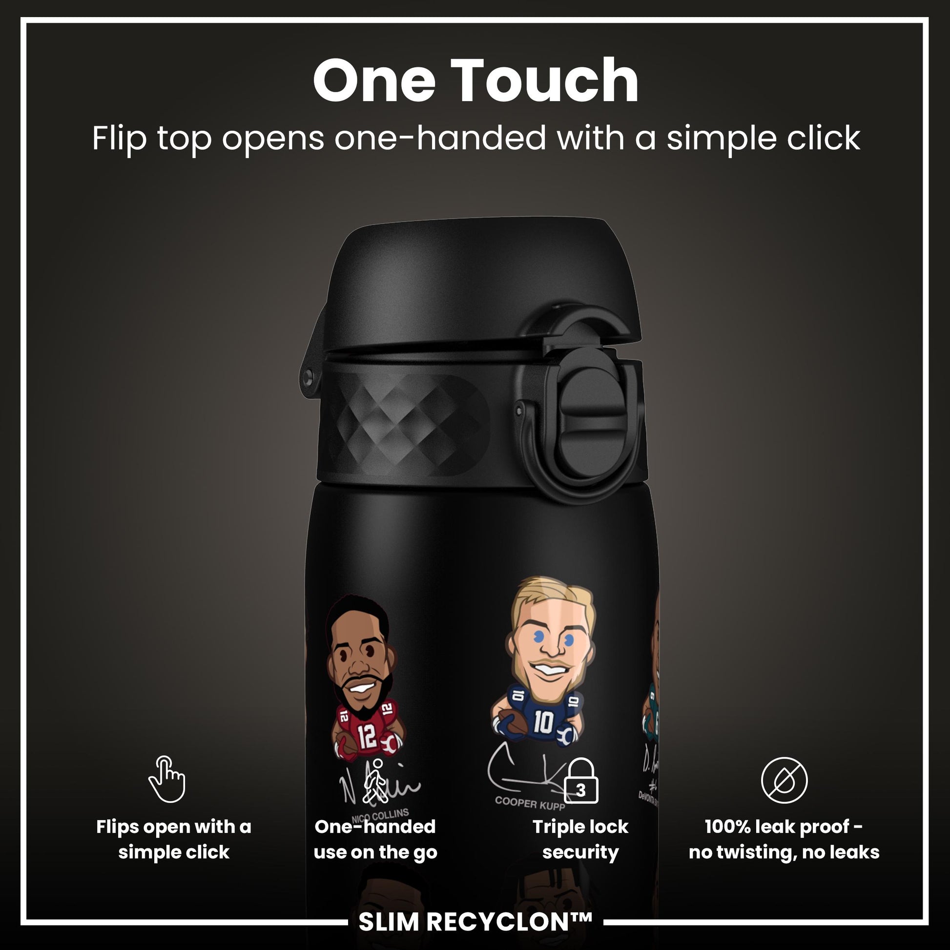 Leak Proof NFLPA Water Bottle, Recyclon, Wide Receivers, 500ml (18oz)