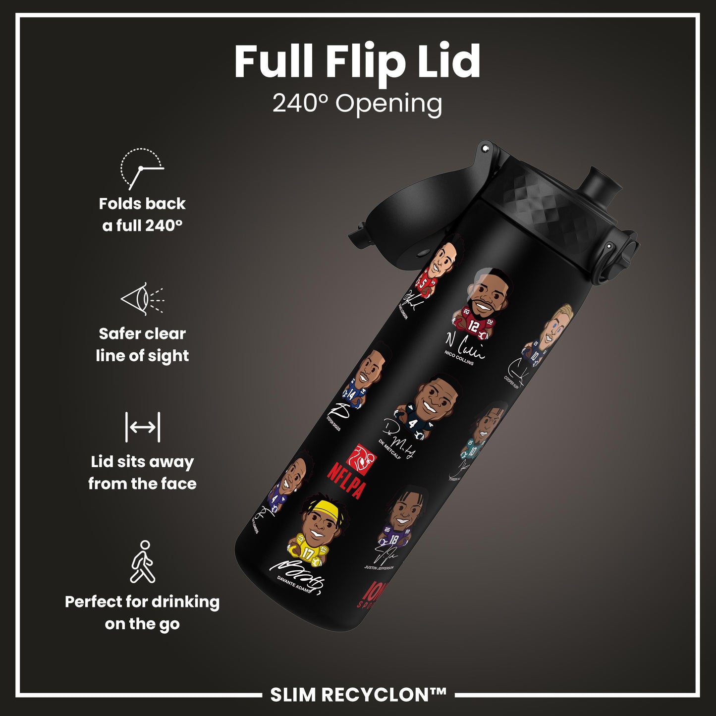 Leak Proof NFLPA Water Bottle, Recyclon, Wide Receivers, 500ml (18oz)