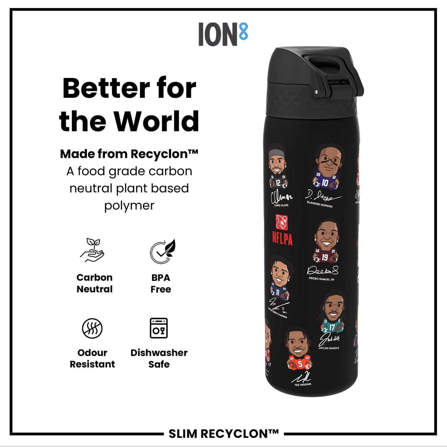 Leak Proof NFLPA Water Bottle, Recyclon, Wide Receivers, 500ml (18oz)