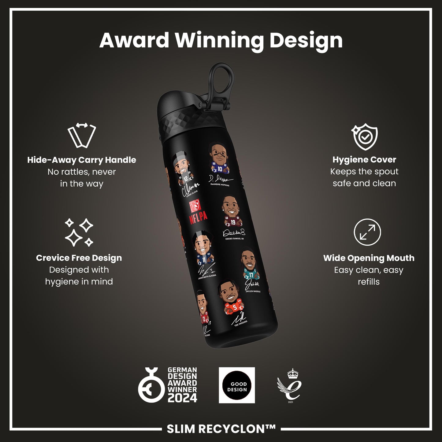 Leak Proof NFLPA Water Bottle, Recyclon, Wide Receivers, 500ml (18oz)