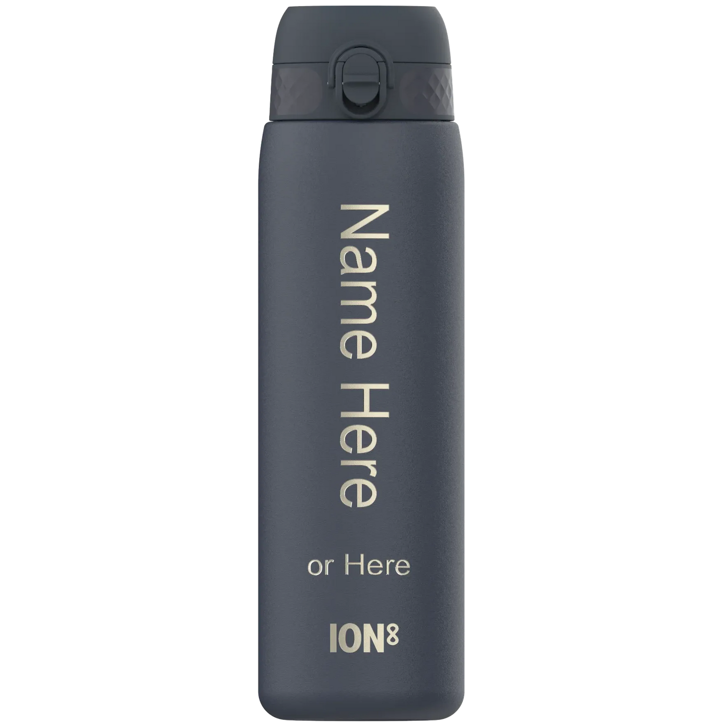 A dark gray water bottle stands upright featuring a flip-top lid. The text reads Name Here or Here ION8 on its surface showing it in a customizable context.
