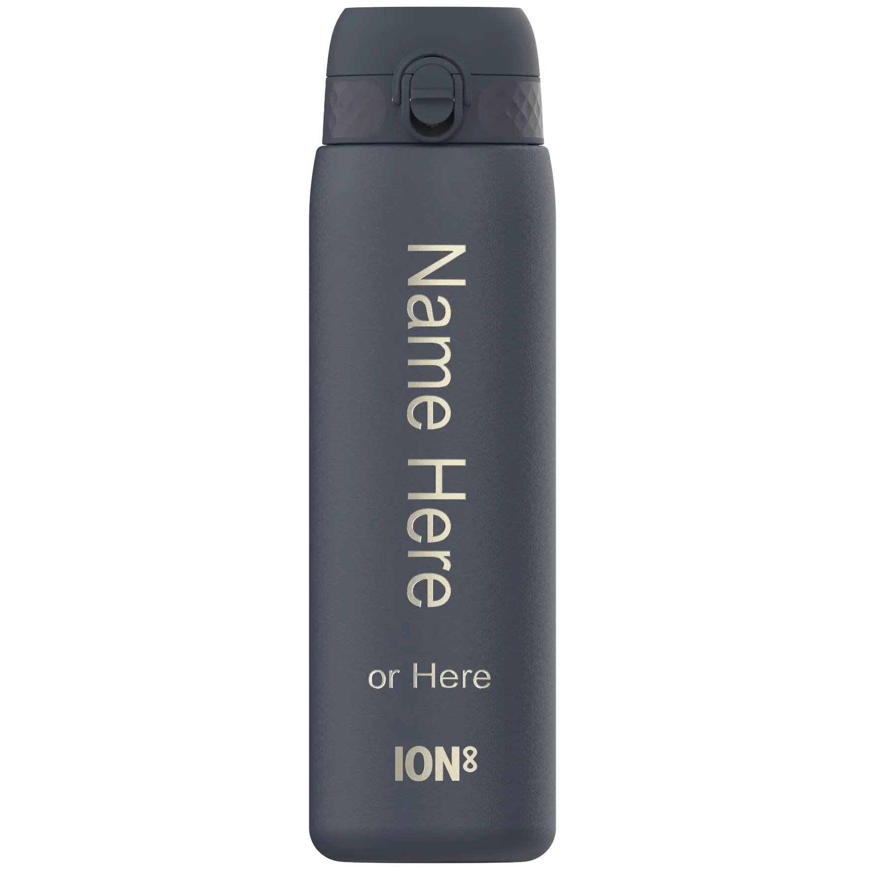 A dark gray water bottle stands upright featuring a flip-top lid. The text reads Name Here or Here ION8 on its surface showing it in a customizable context.