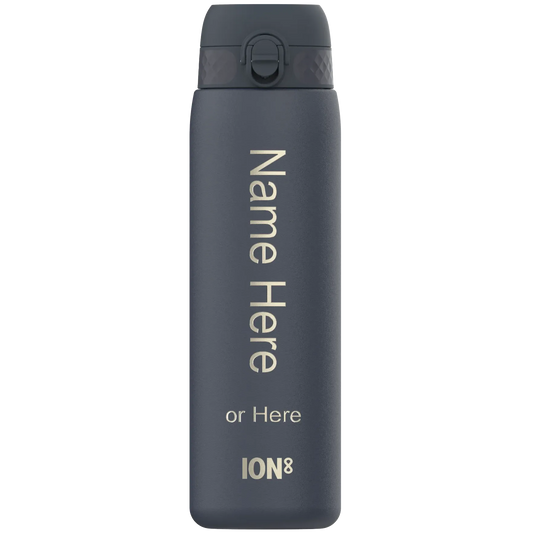 A gray water bottle stands upright featuring a flip-top lid with text saying "Name Here or Here ION8" printed vertically on its body against a white background.