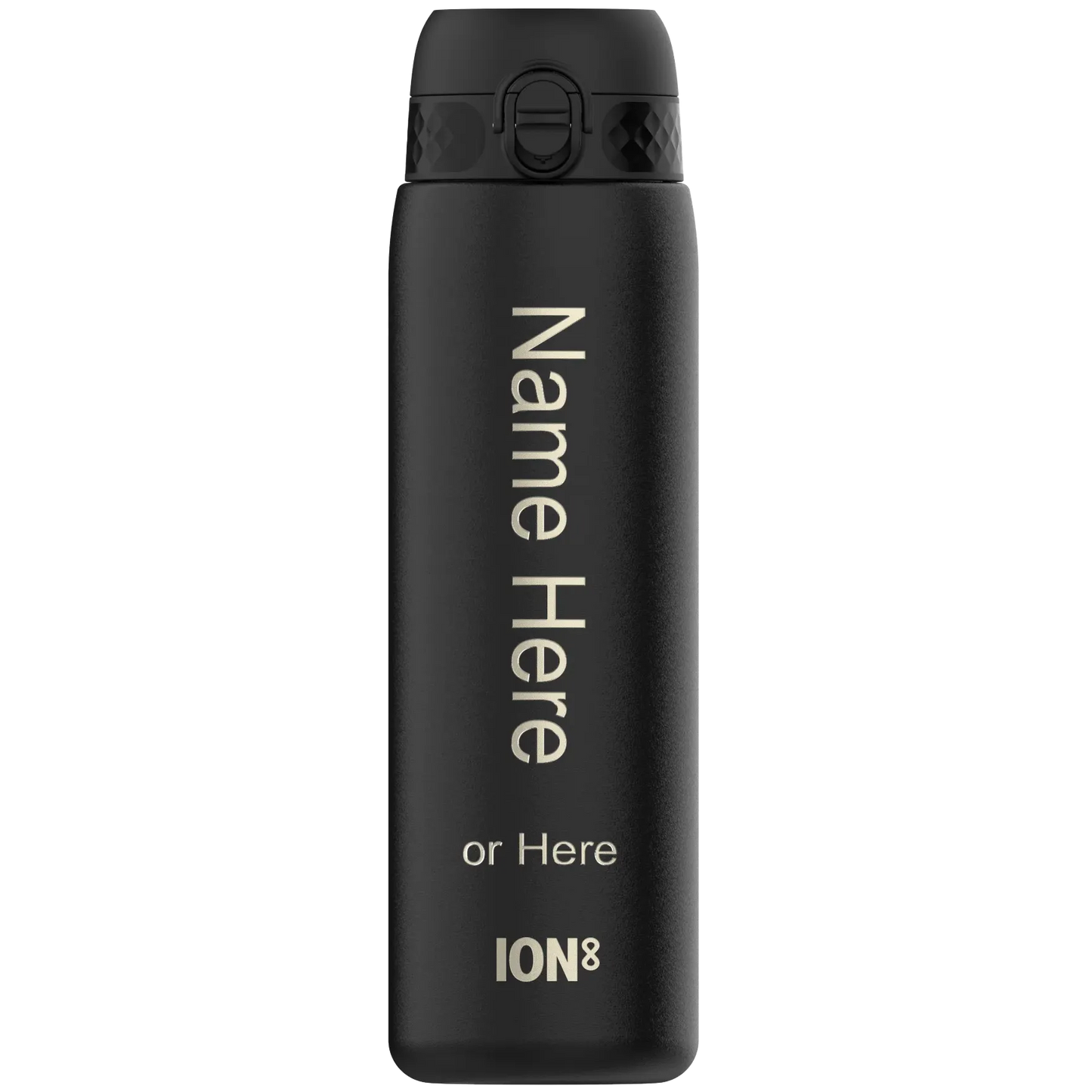 A black water bottle stands upright with the text "Name Here or Here ION8" printed vertically on its surface in an isolated setting.