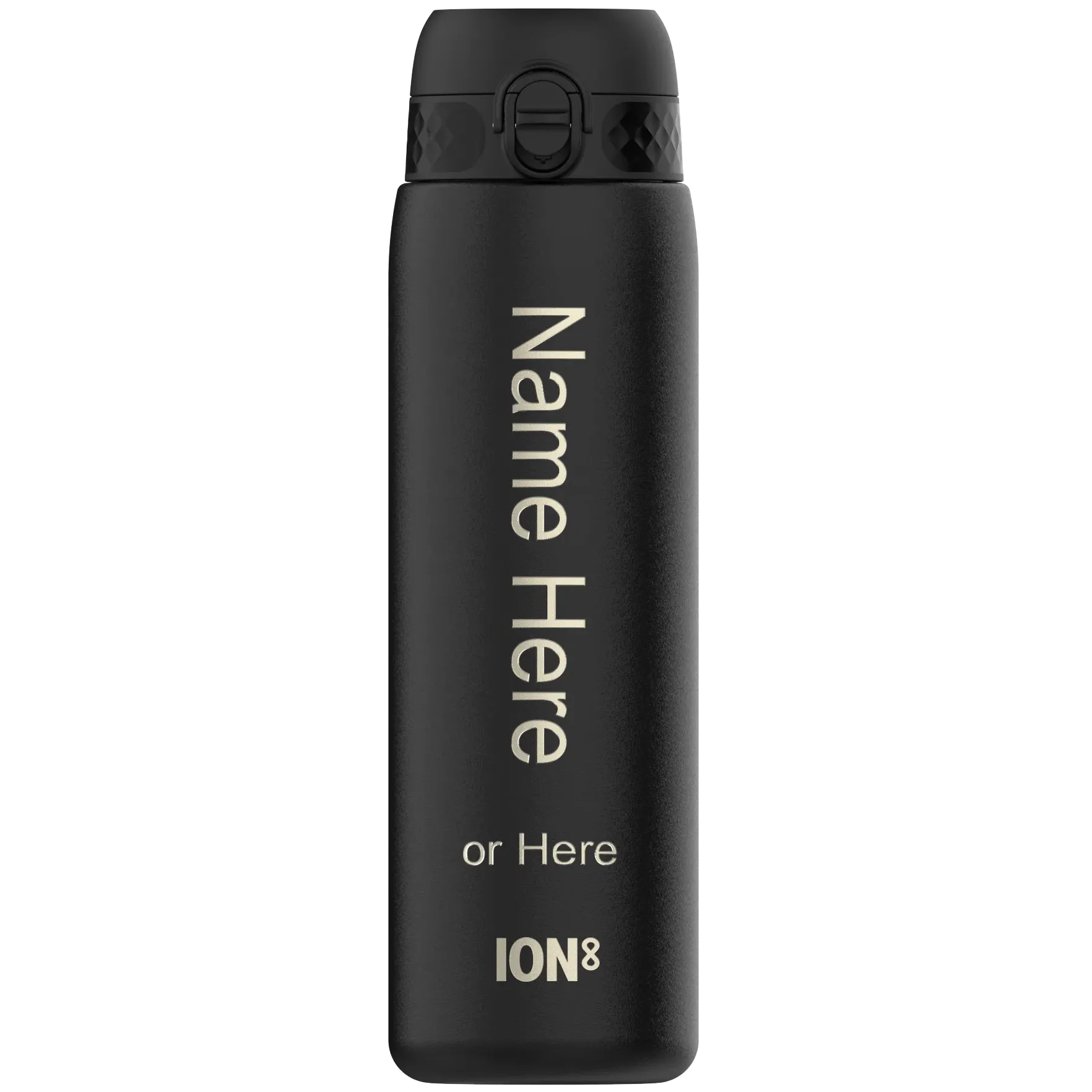 A black water bottle stands upright with the text "Name Here or Here ION8" printed vertically on its surface in an isolated setting.