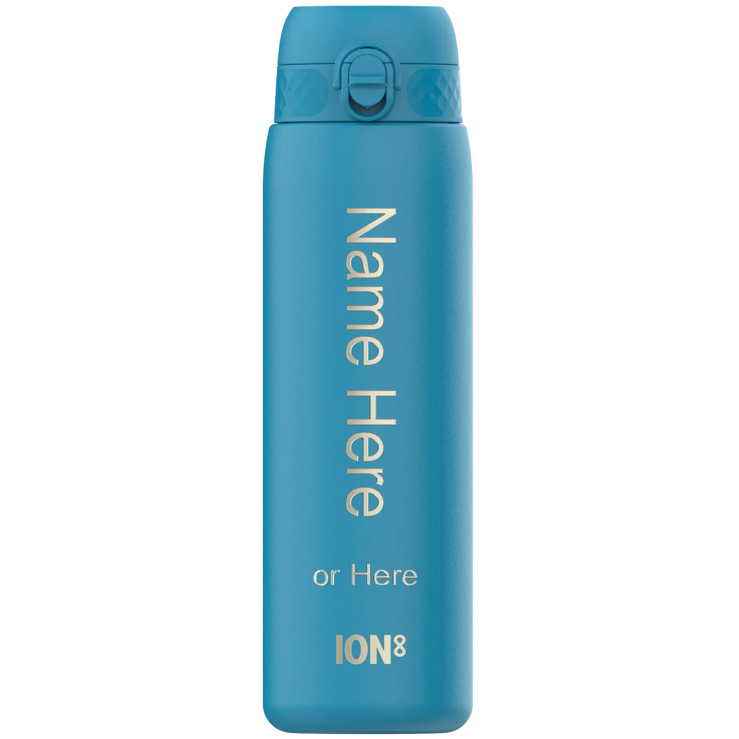 A blue water bottle stands upright featuring a flip-top lid. Text on it reads "Name Here" or "Here" with "ION8" at the bottom.