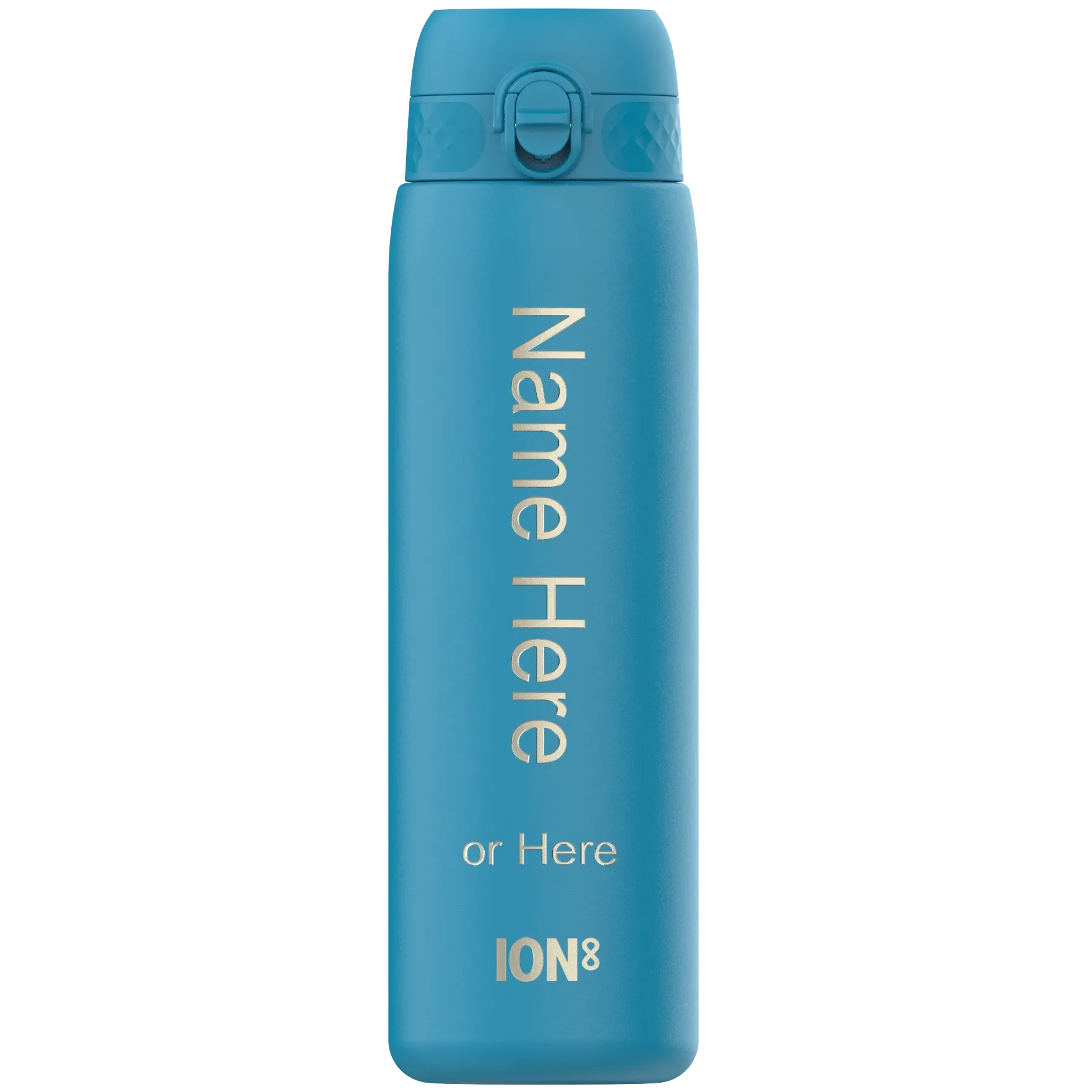 A blue water bottle stands upright featuring a flip-top lid. Text on it reads "Name Here" or "Here" with "ION8" at the bottom.