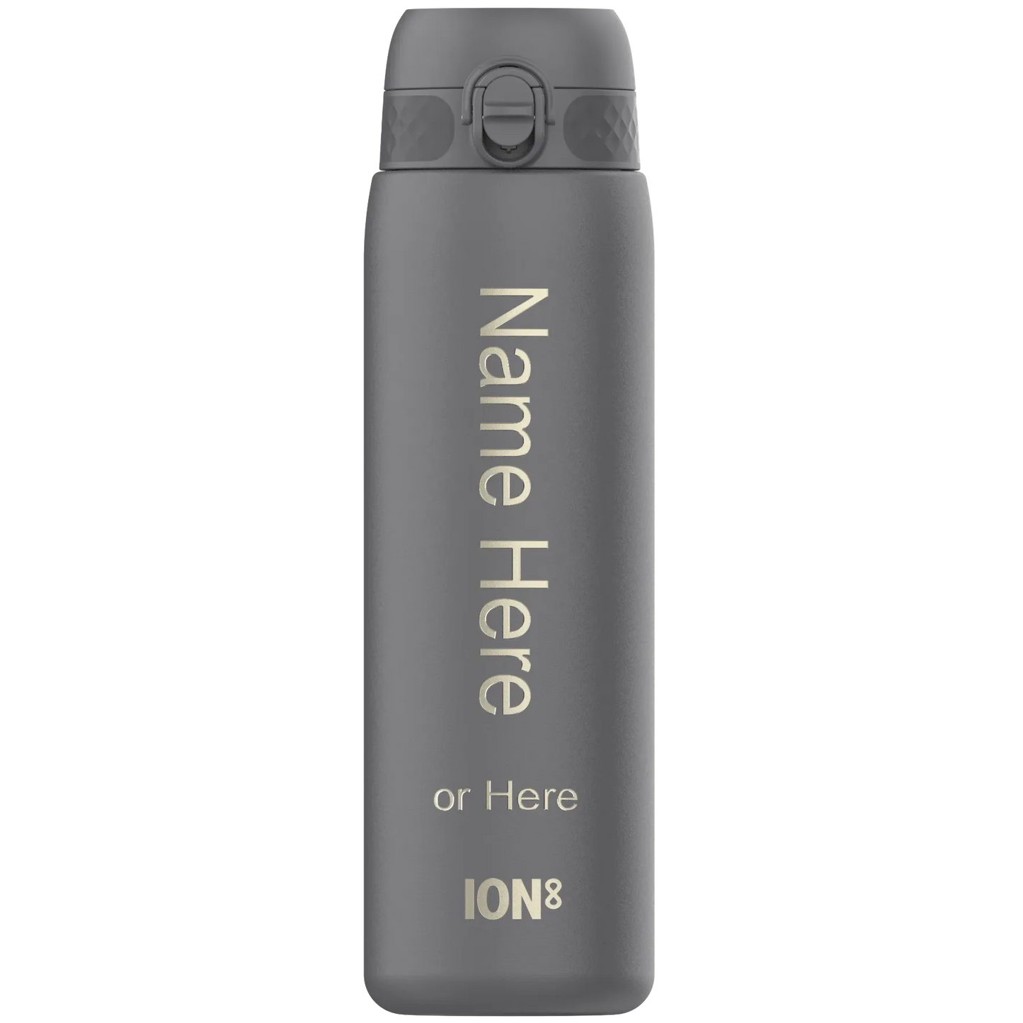 Gray water bottle stands upright displaying text "Name Here or Here ION8" with a flip-top lid against a plain white background.