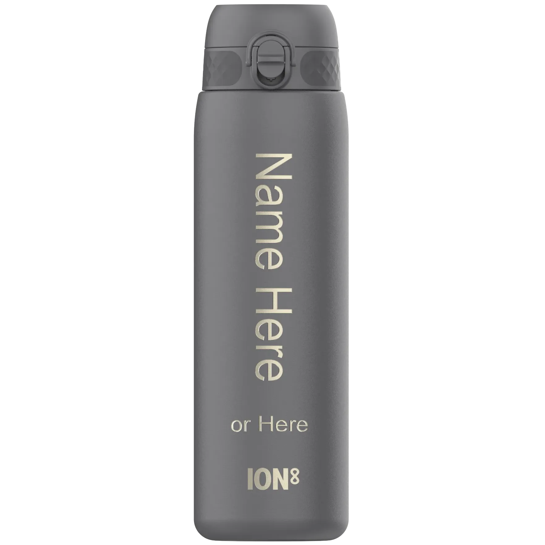 Gray water bottle stands upright displaying text "Name Here or Here ION8" with a flip-top lid against a plain white background.