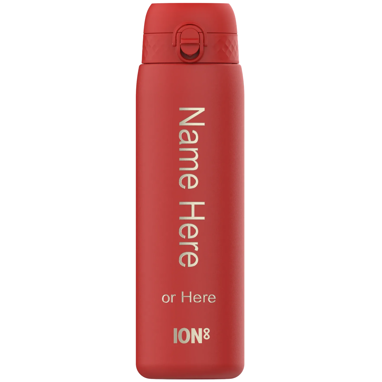A red water bottle stands vertically with a flip-top lid. Text reads Name Here or Here ION8 indicating customization options. The background is plain white.