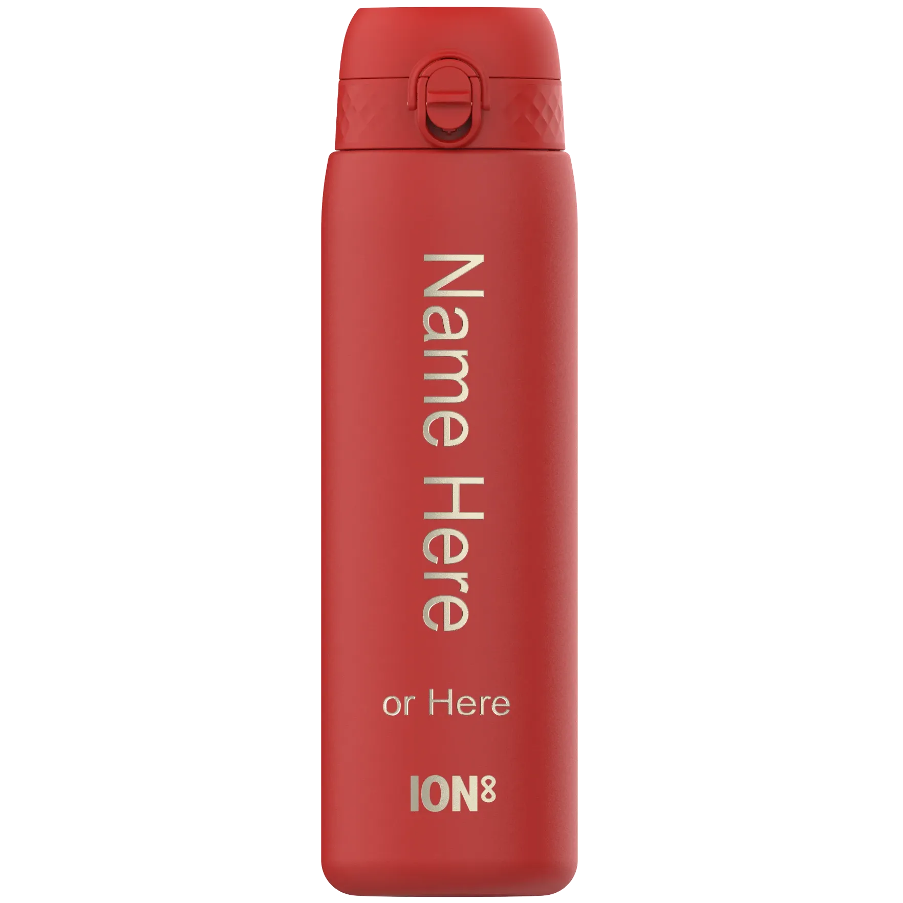 A red water bottle stands vertically with a flip-top lid. Text reads Name Here or Here ION8 indicating customization options. The background is plain white.