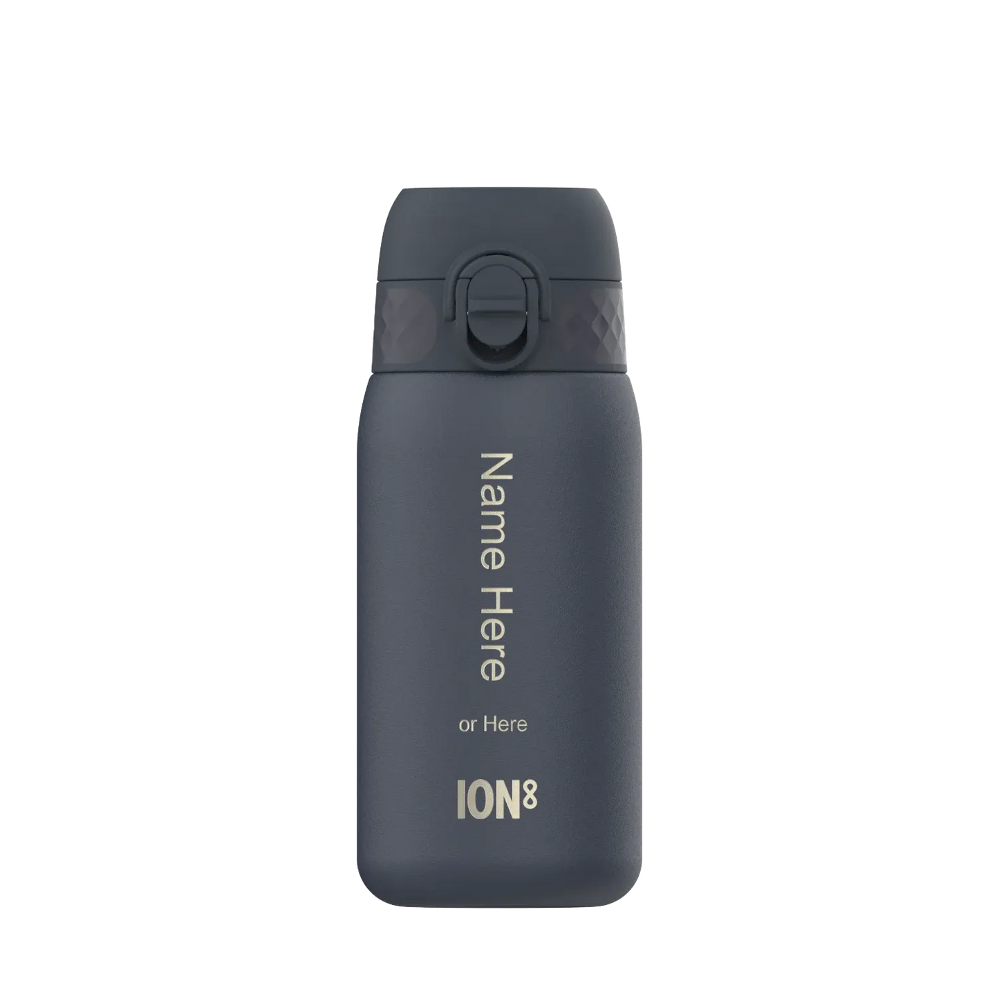 A dark gray water bottle stands upright with a closed spout. Text on the bottle reads "Name Here or Here ION8" in a minimalistic style against a plain white background.