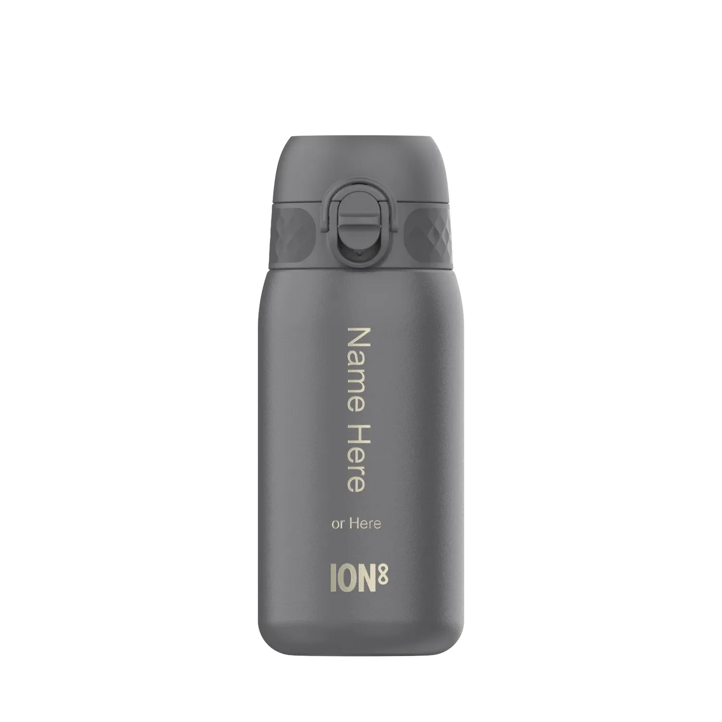 A gray water bottle with a flip-top lid stands upright against a plain background featuring vertical text "Name Here" and "or Here" with "ION8" at the bottom.
