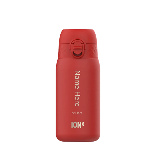 Red insulated water bottle standing upright with a flip-top lid Name Here or Here ION8 printed vertically on its side against a plain background.
