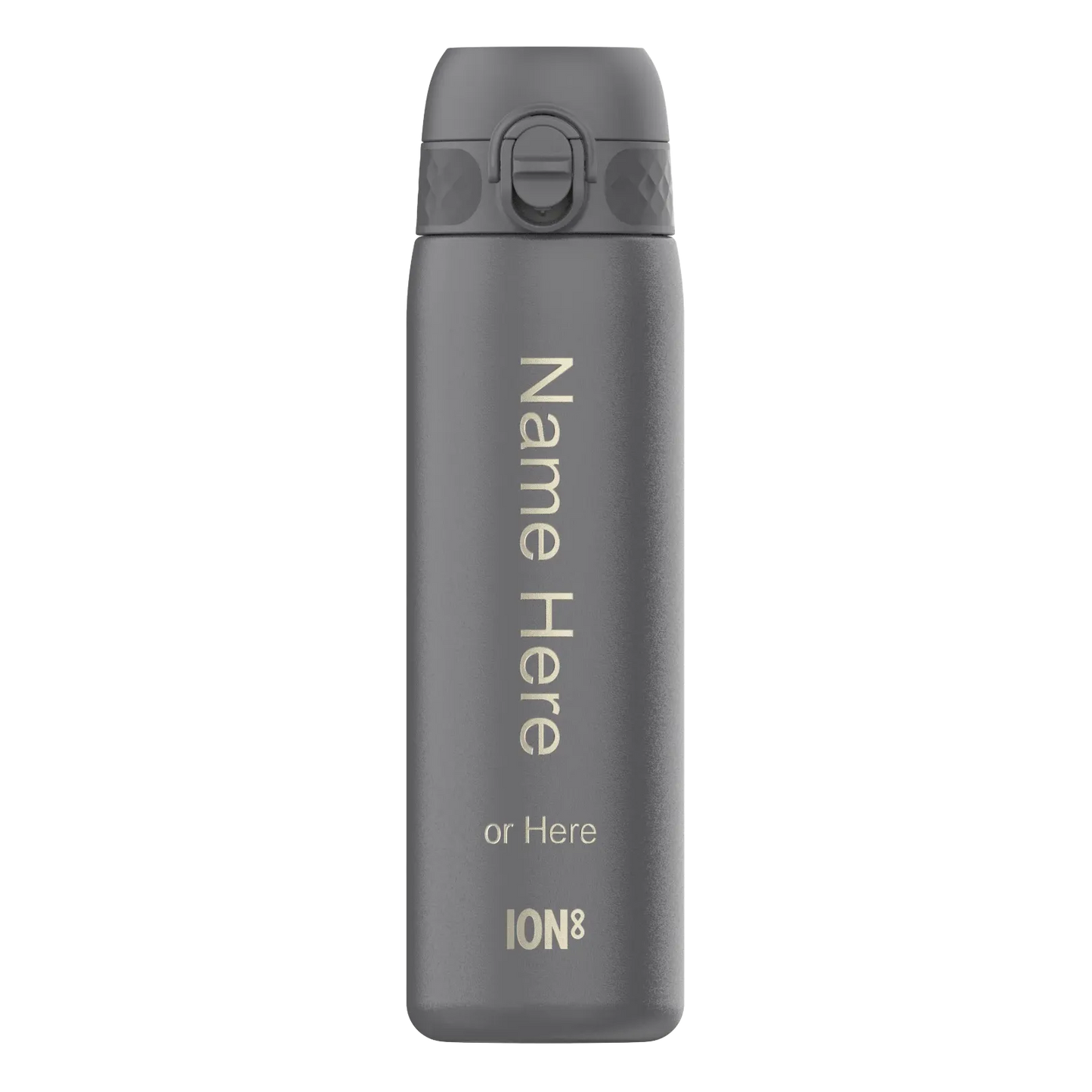 Gray insulated bottle standing upright with a secure flip-top lid in a plain setting Text on the bottle reads Name Here or Here ION8