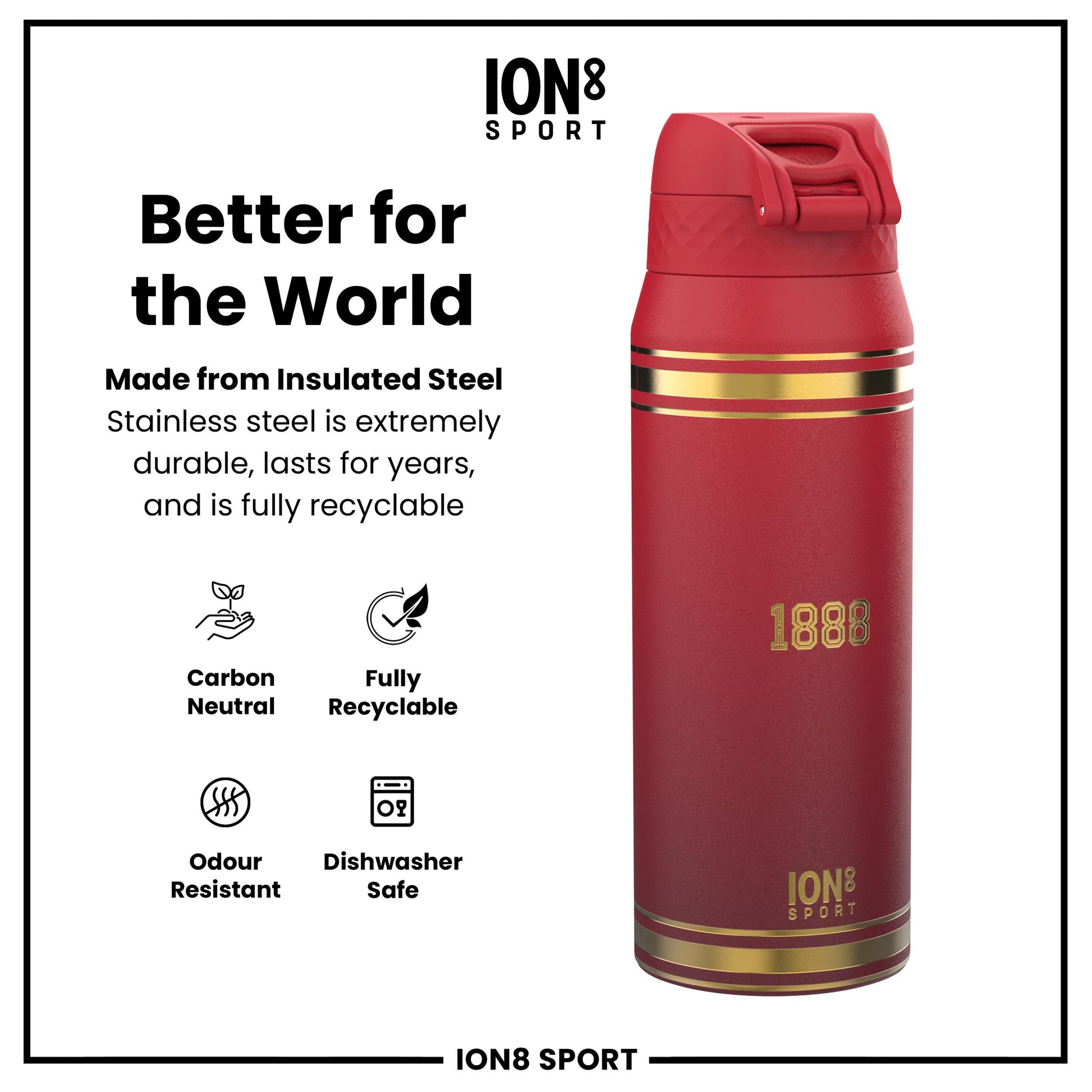 Lions X ION8 Insulated Steel Water Bottle, British & Irish Lions, Heritage, 750ml (24oz)