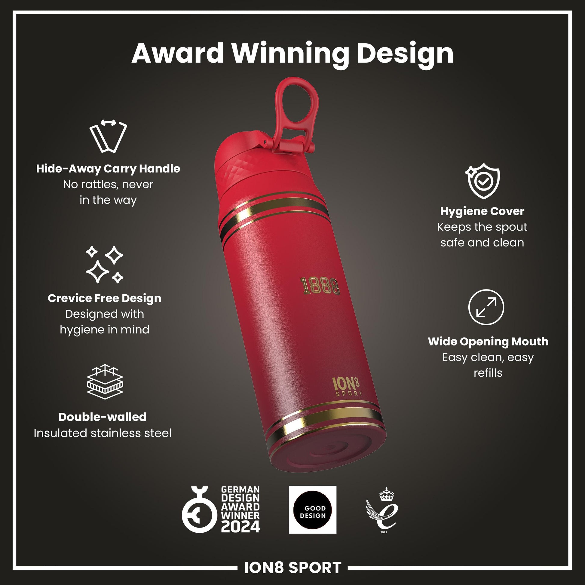 Lions X ION8 Insulated Steel Water Bottle, British & Irish Lions, Heritage, 750ml (24oz)