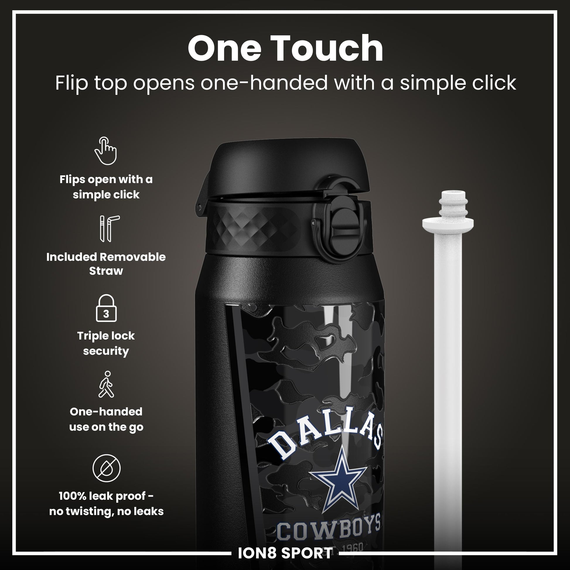 NFL x ION8 Insulated Steel Water Bottle, NFL Cowboys, 750ml (24oz)