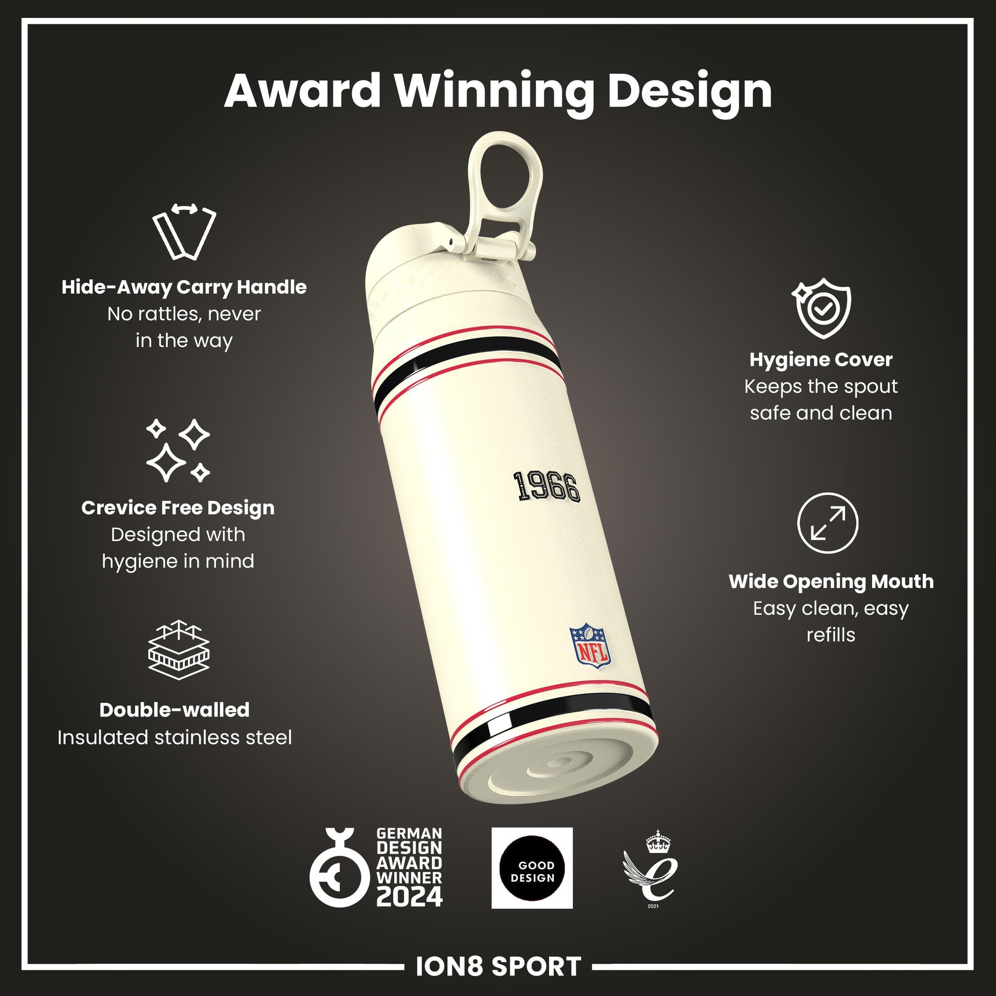 NFL x ION8 Insulated Steel Water Bottle, NFL Falcons, 750ml (24oz)