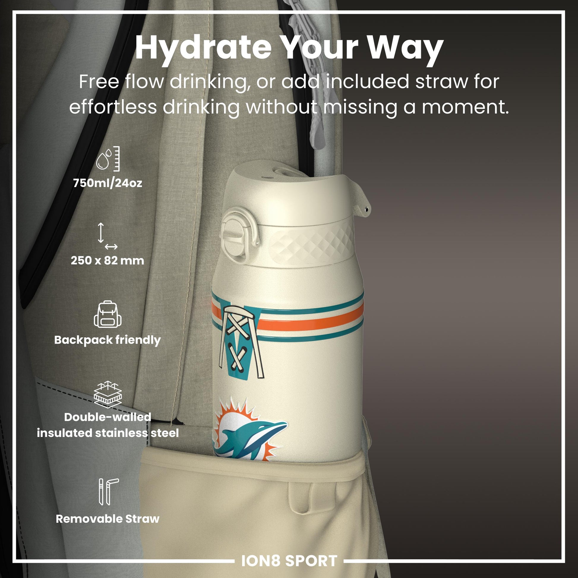 NFL x ION8 Insulated Steel Water Bottle, NFL Dolphins, 750ml (24oz)