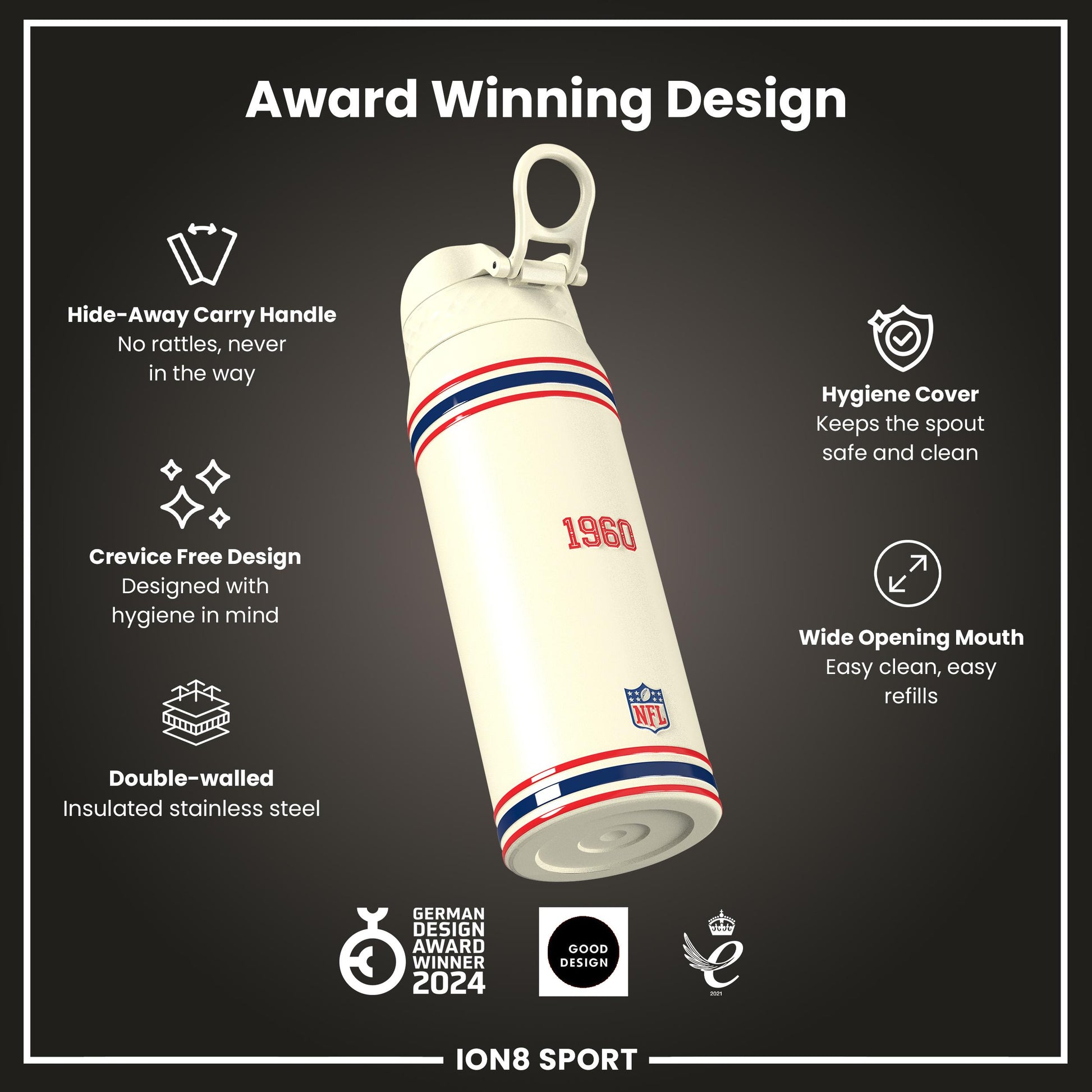 NFL x ION8 Insulated Steel Water Bottle, NFL Titans, 750ml (24oz)